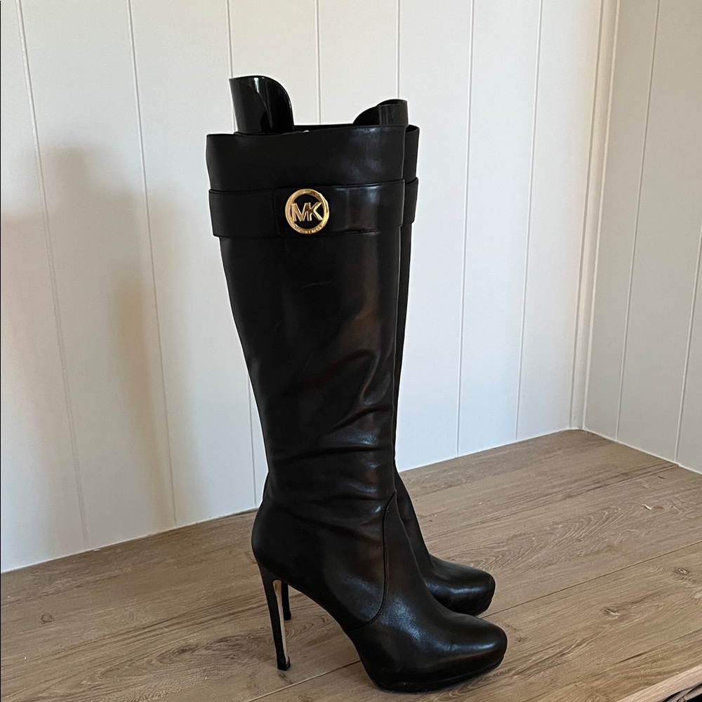 Michael Kors Black Heeled Boots with Gold Accent